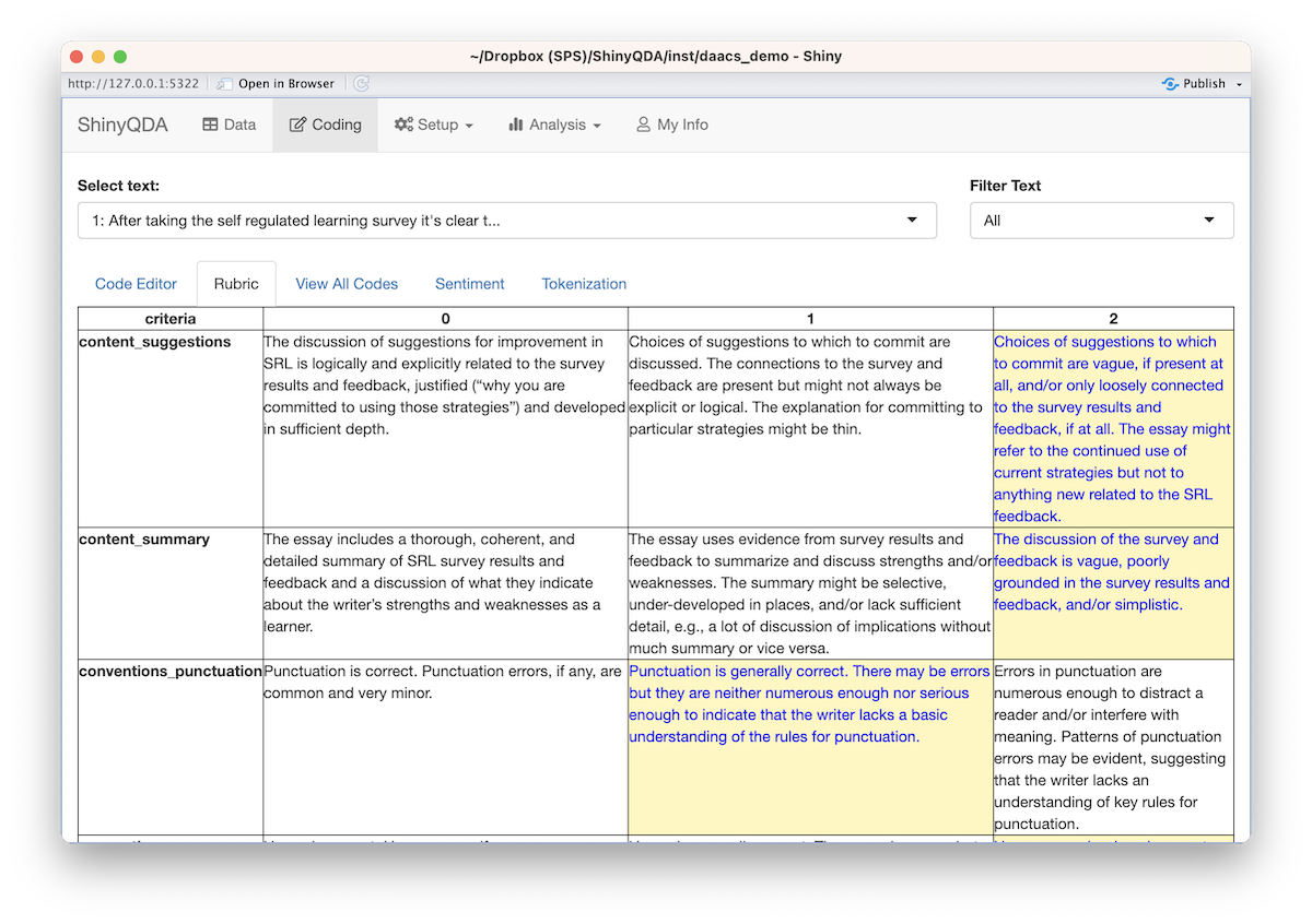 Screenshot of rubric scoring