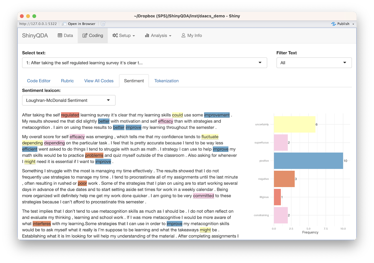 Screenshot of sentiment analysis of an individual text document