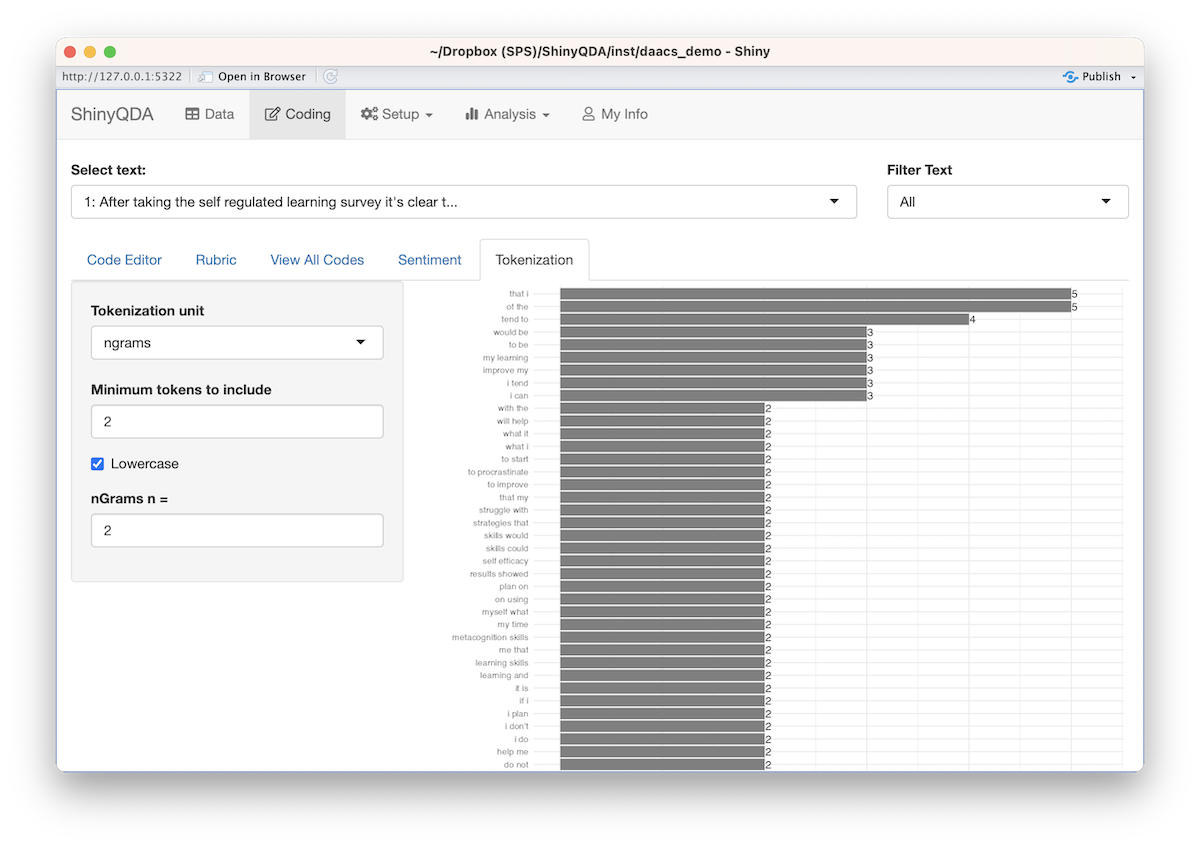 Screenshot of tokenization of an individual text docuement